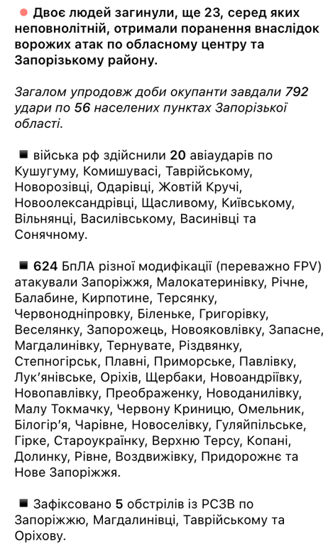 Росіяни за добу завдали 792 ударів по Запорізькій області - фото 1