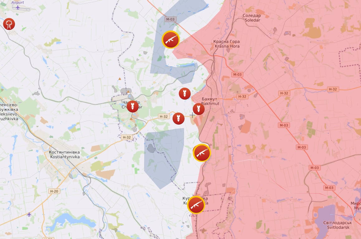 Карта бойових дій на Бахмутському напрямку від Liveuamap
