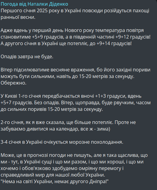 погода в Украине 1 января от Наталки Диденко