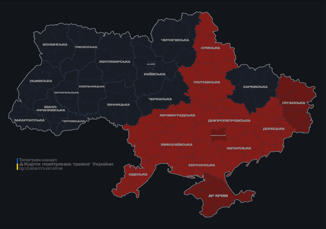 Карта повітряних тривог в Україні ввечері 21 серпня