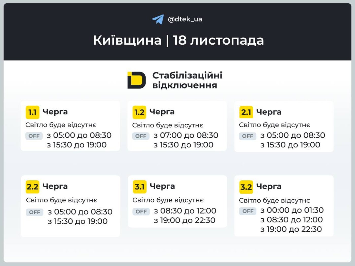 Графіки відключення світла на 18 листопада