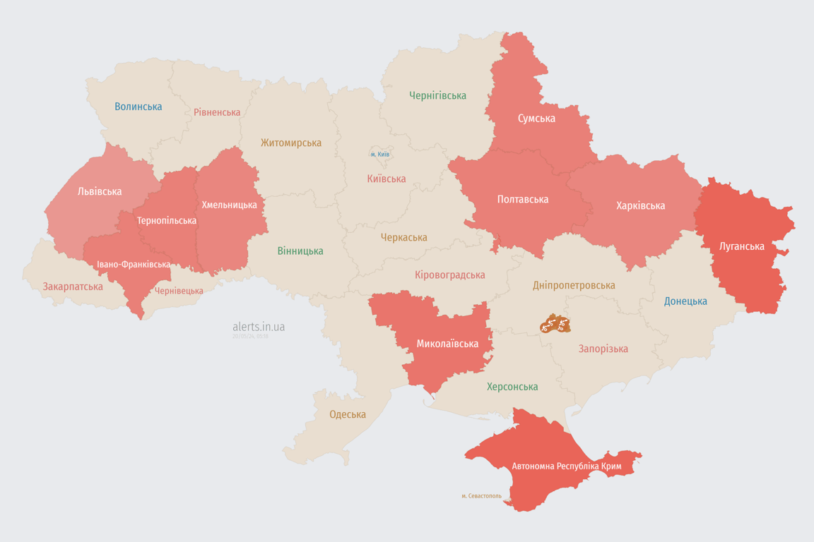 Мапа повітряної тривоги в Україні сьогодні, 20 травня