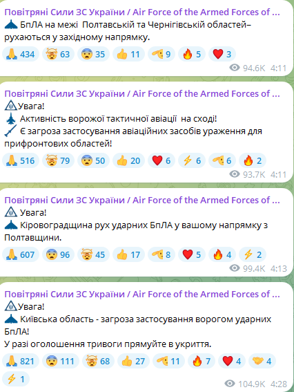 Ночью 18 августа в некоторых областях Украины объявили тревогу из-за угрозы ударных БпЛА и активности российской авиации