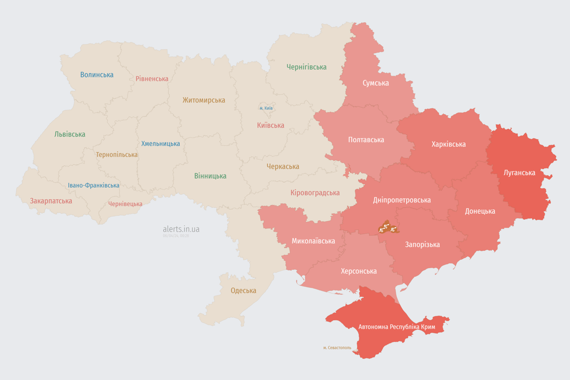 Мапа повітряної тривоги в Україні сьогодні, 6 квітня