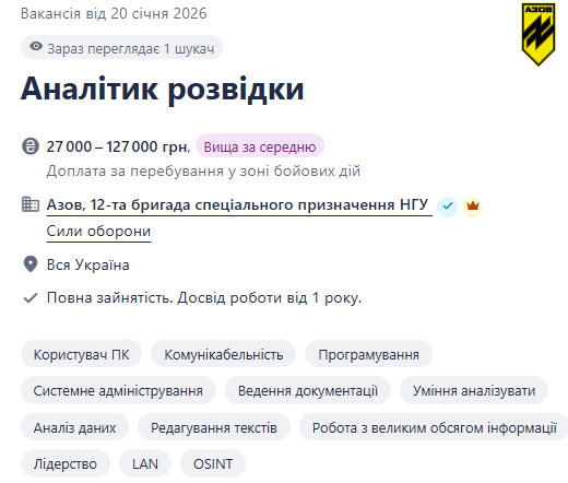 "Азову" потрібні аналітики розвідки — з'явилась вакансія