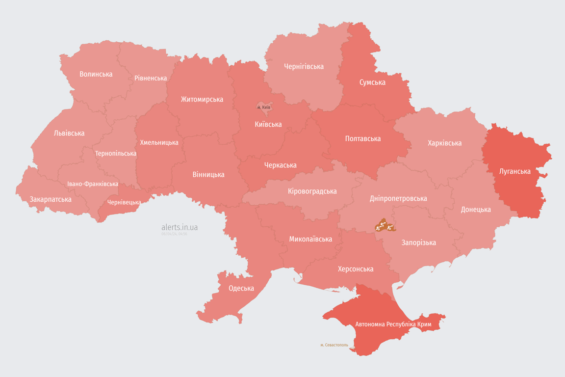 Мапа повітряної тривоги в Україні сьогодні, 6 квітня