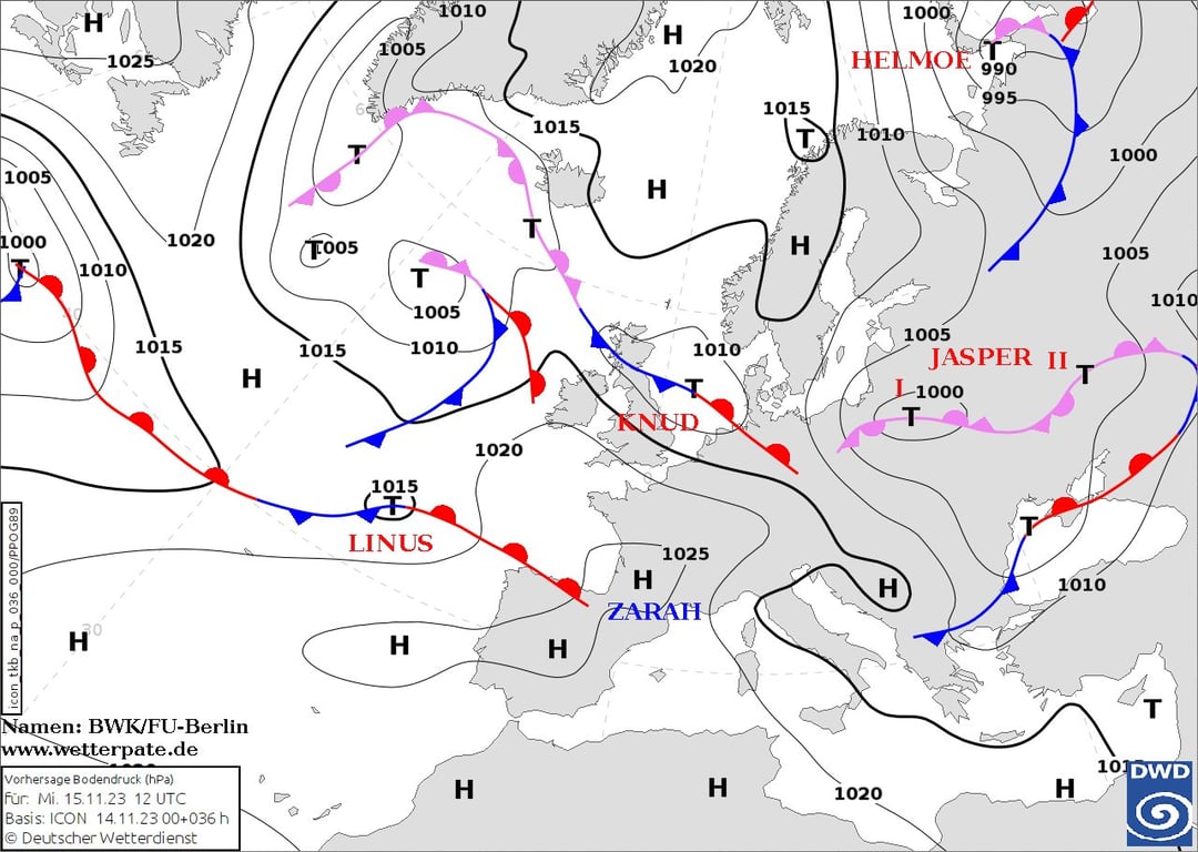 Мапа атмосферного фронту в Європі