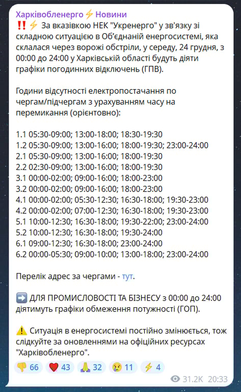 Святвечір у темряві — як відключатимуть світло в Харкові завтра - фото 1
