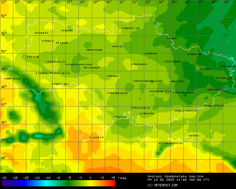 Температуры в Украине 19 февраля 2025 года