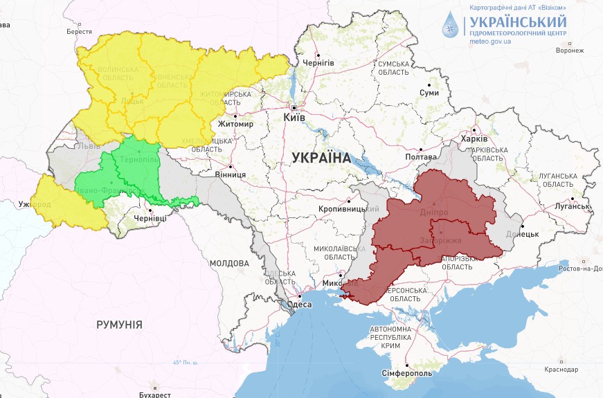 Карта небезпечних погодних умов в Україні сьогодні, 16 грудня, від Укргідрометцентру