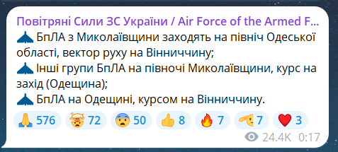 Скриншот сообщения из телеграмм-канала "Воздушные силы ВС Украины"