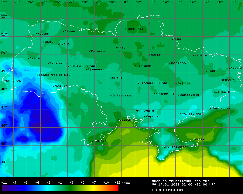 Карта температур на 17 січня 2025 року 