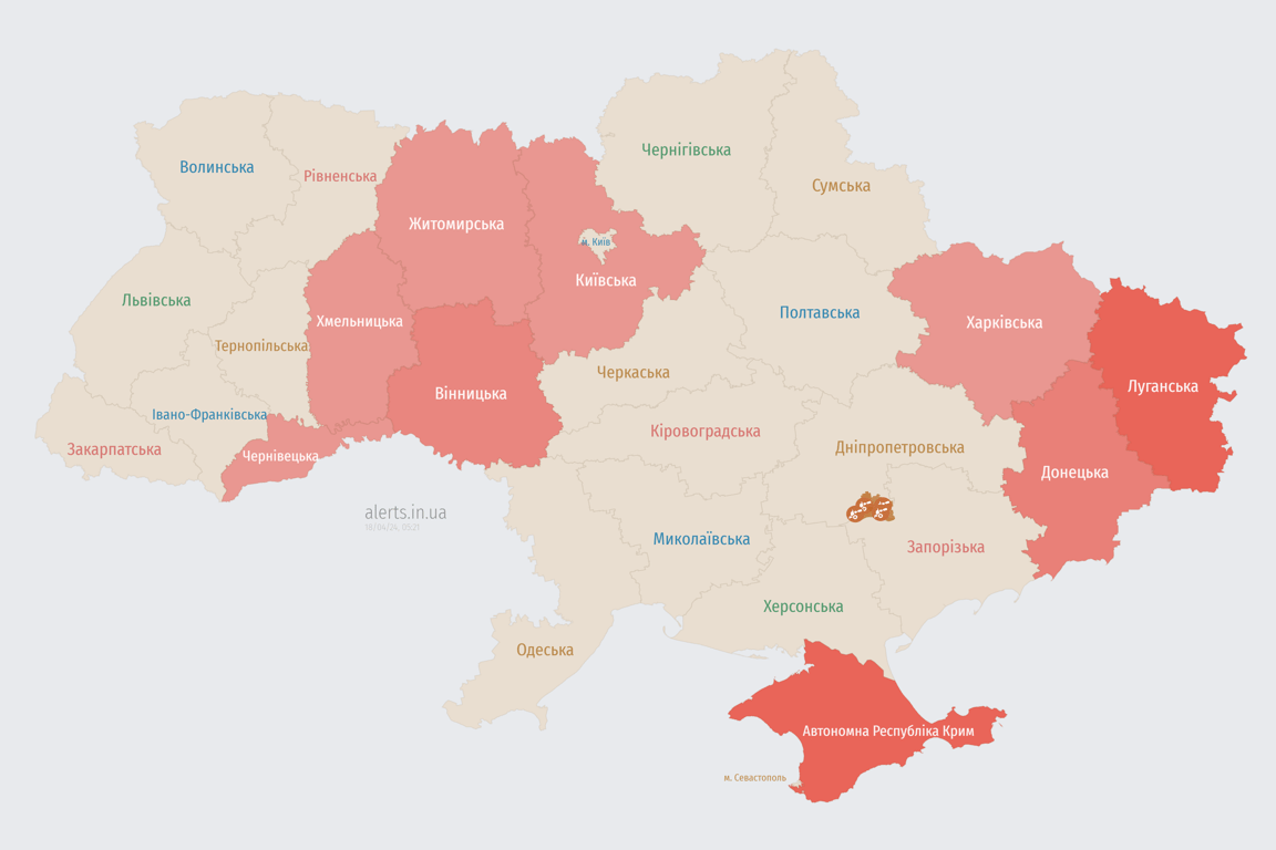 Мапа повітряної тривоги в Україні сьогодні, 18 квітня