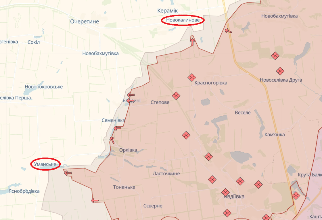 Уманское и Новокалиново на онлайн-картах войны DeepState