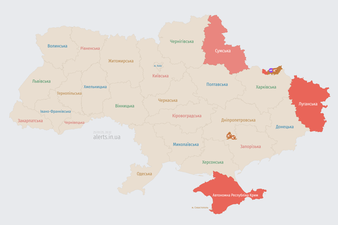 Мапа повітряної тривоги в Україні 25 січня