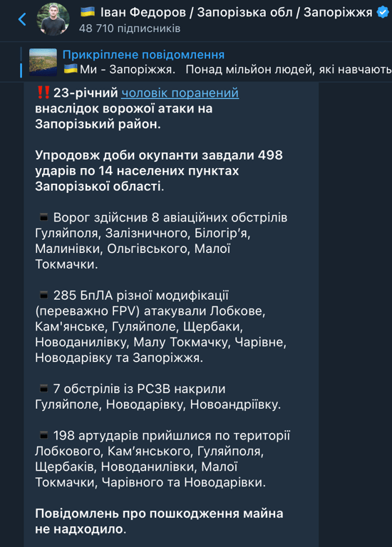 Федоров Запоріжя обстріли