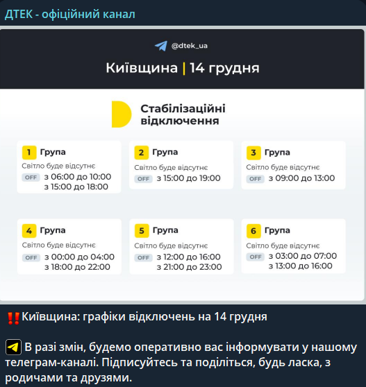 Відключення світла в Києві 14 грудня