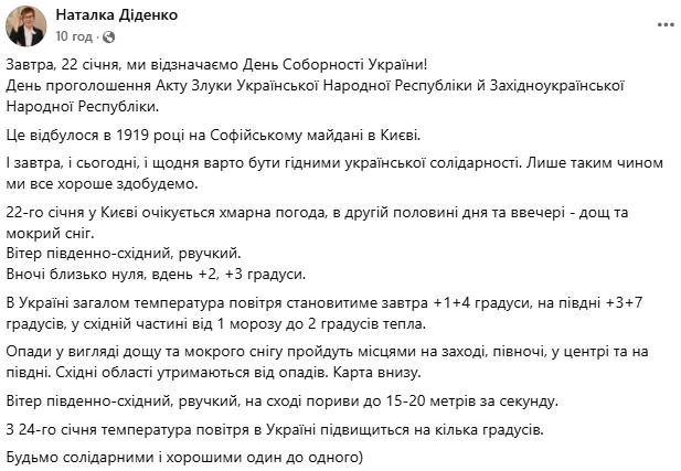 Прогноз погоды на 22 января от Наталки Диденко