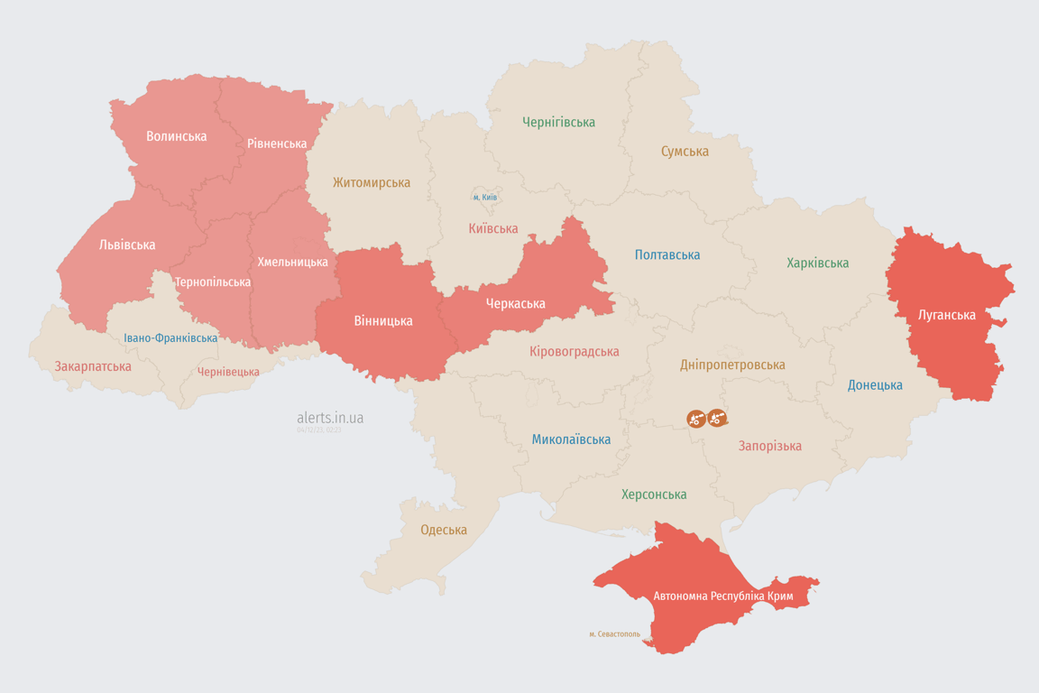 Мапа повітряних тривога в Україні сьогодні, 4 грудня