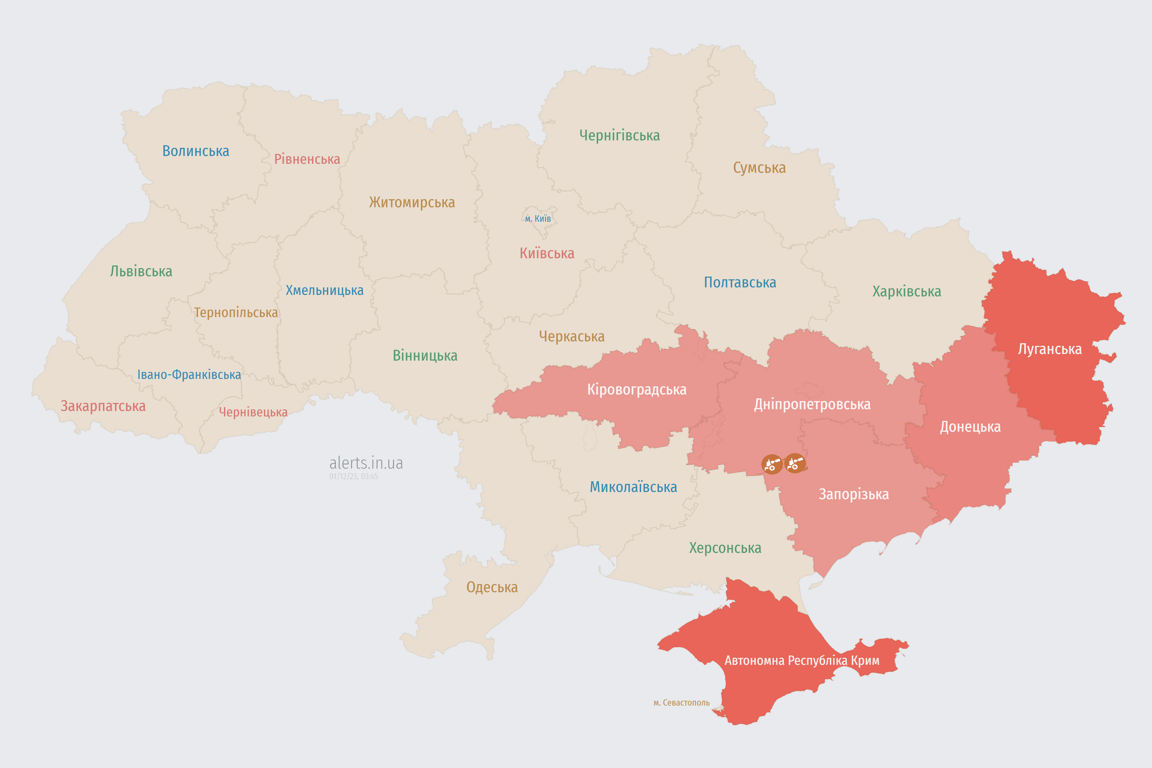 Мапа повітряних тривог в Україні сьогодні, 1 грудня