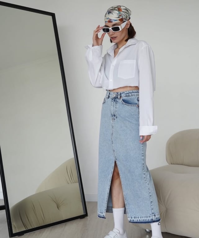 Outfit ideas featuring denim skirt