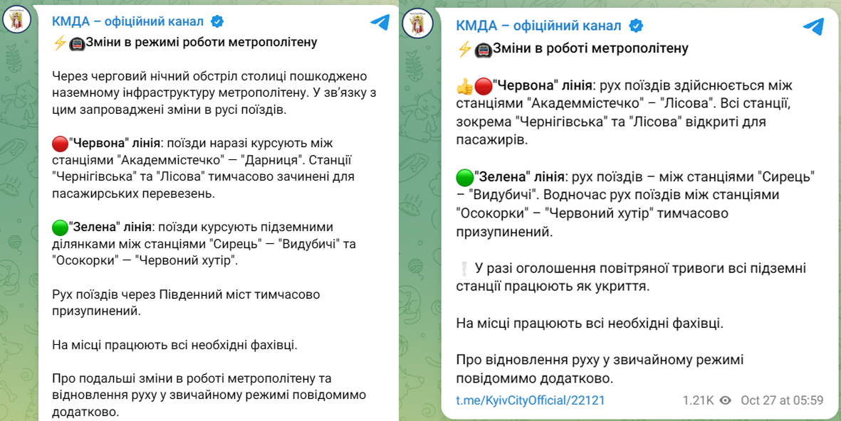 В Киеве после ударов со стороны РФ закрыли две станции метро - фото 1