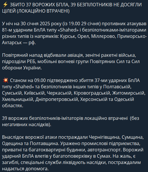 Сколько беспилотников сбили в ночь на 30 января