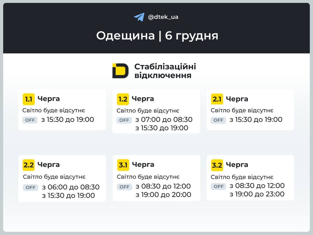 Графіки відключень світла в Одесі на завтра, 6 грудня