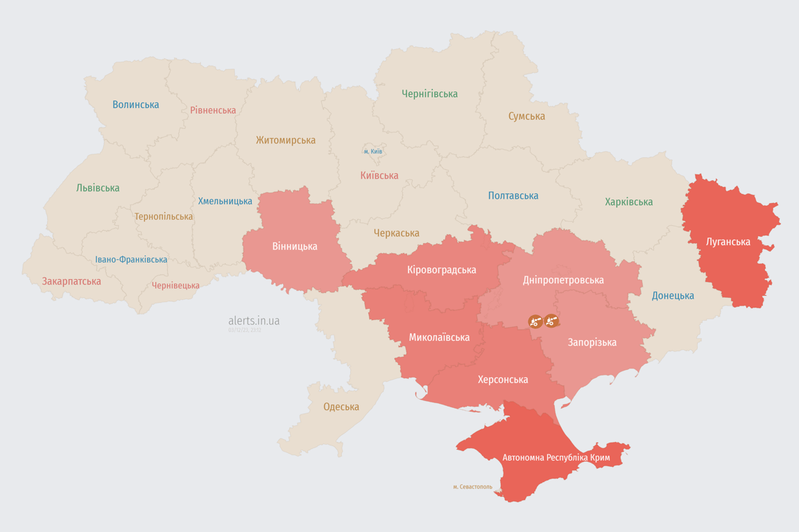 Мапа повітряних тривога в Україні сьогодні, 3 грудня