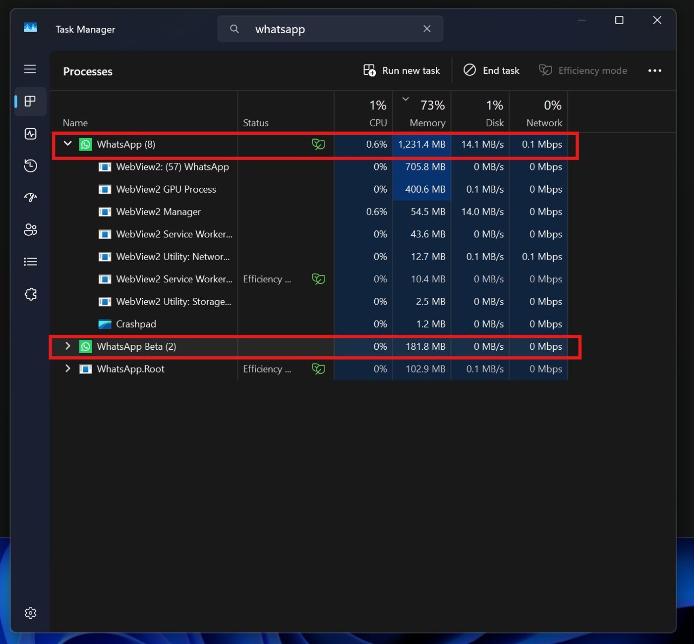 Потребление ОЗУ WhatsApp