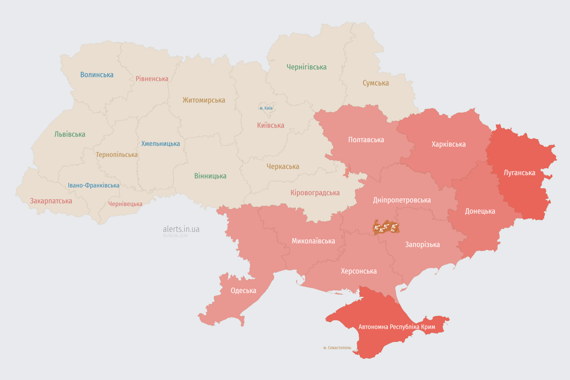 Карта воздушных тревог в Украине сегодня 5 марта