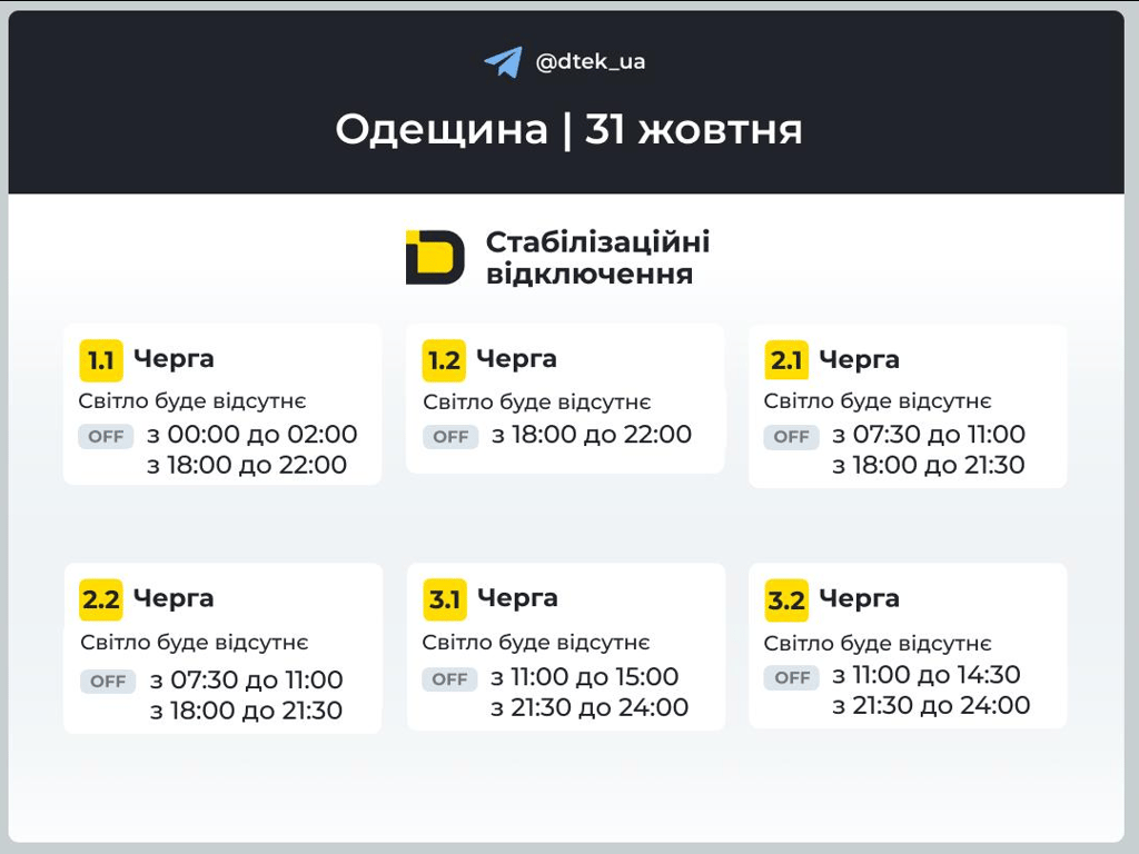 Де не буде світла в Одеській області