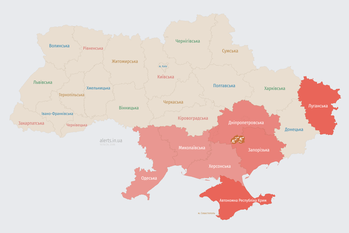Мапа повітряних тривог в Україні 10 лютого