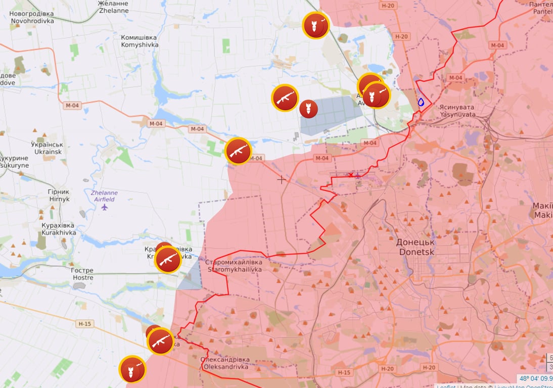 Карта боевых действий на Авдеевском и Марьинском направлениях от Liveuamap