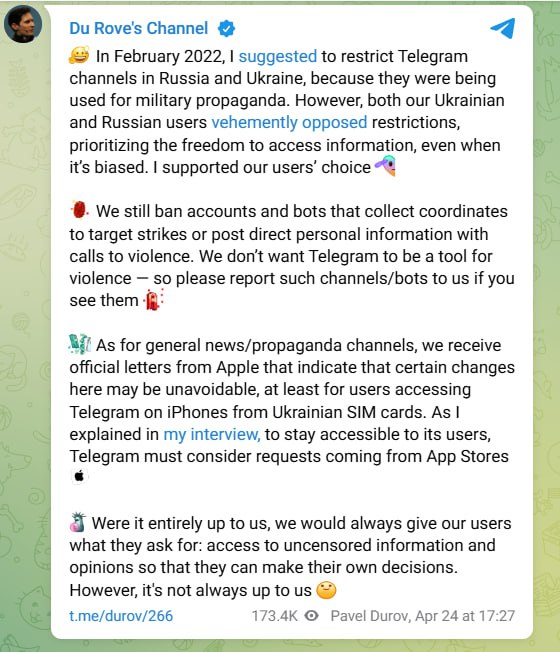 Допис Павла Дурова. Фото: скриншот