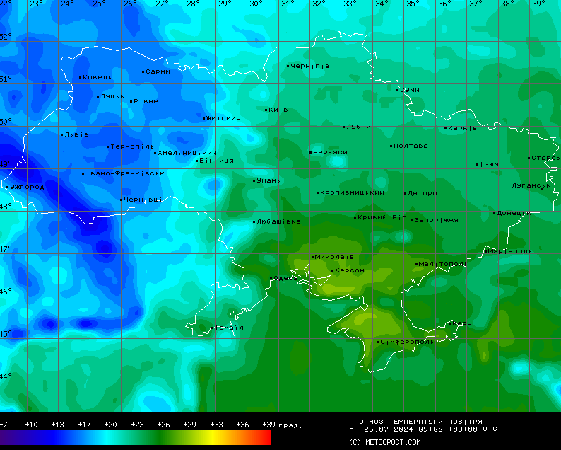 Температурна карта на 26 липня. Фото: Метеопост 