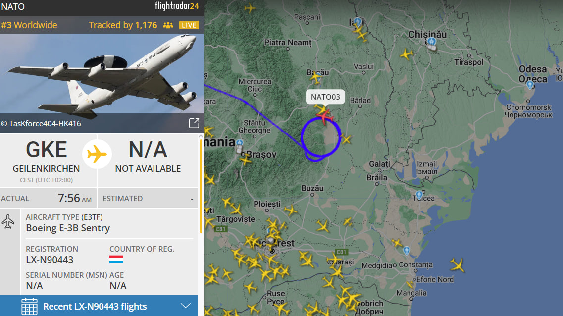 Boeing E-3 Sentry с позывным "Nato 03" находится в воздушном пространстве Румынии.