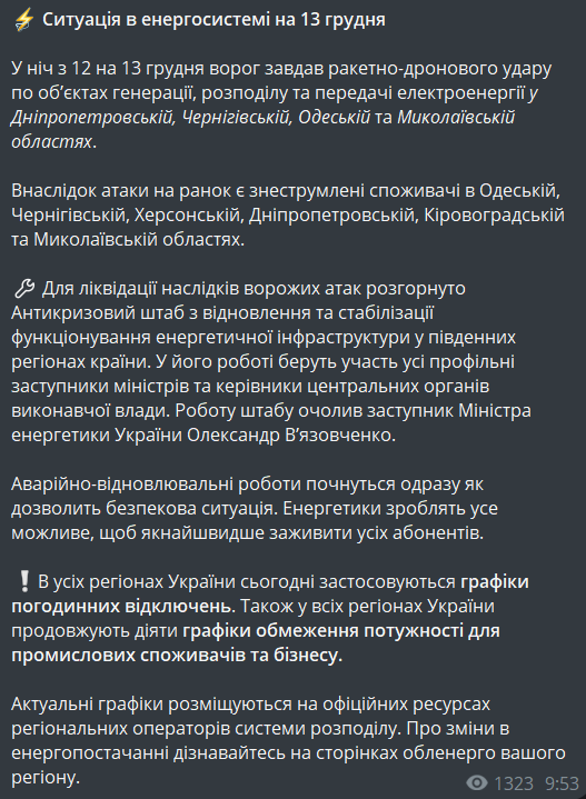 Обстріл енергосистеми 13 грудня