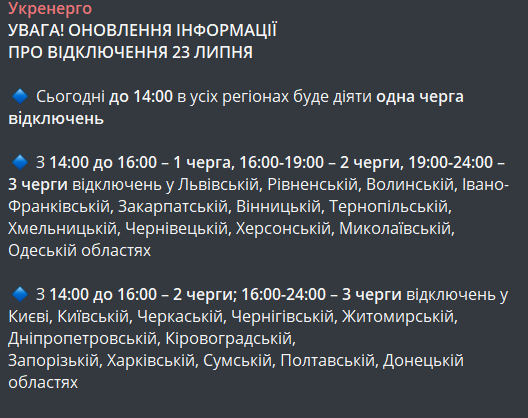 графіки відключення світла в Україні