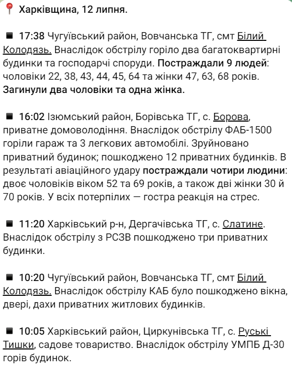харківщина обстріл 12 липня