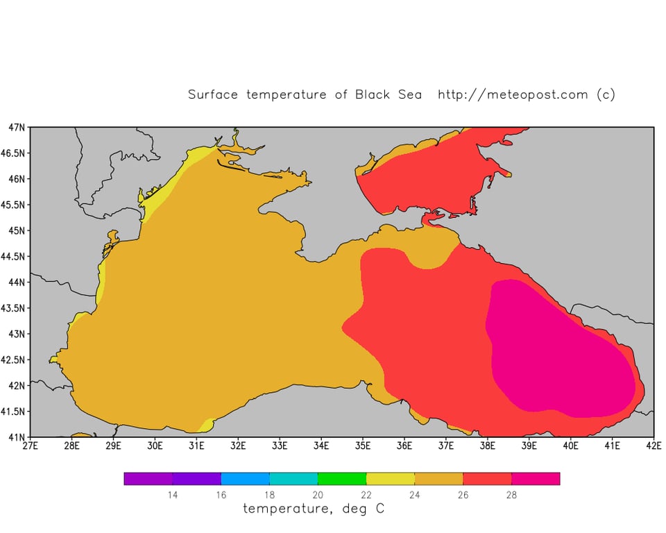 Температура Чорного моря. Мапа складена на основі даних супутникового моніторингу моря GHRSST. Завдяки особливостям прибережних течій і локального вітру температура води біля узбережжя за цією картою може відрізнятися від фактичних значень. Фото: meteopost