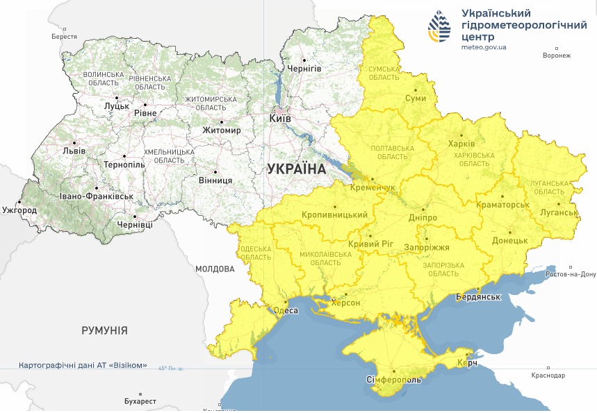 Мапа з прогнозом негоди у східних, південних, Кіровоградській, Полтавській, Дніпровській та Сумській областях завтра 23 травня 2026 року від Укргідрометцентру