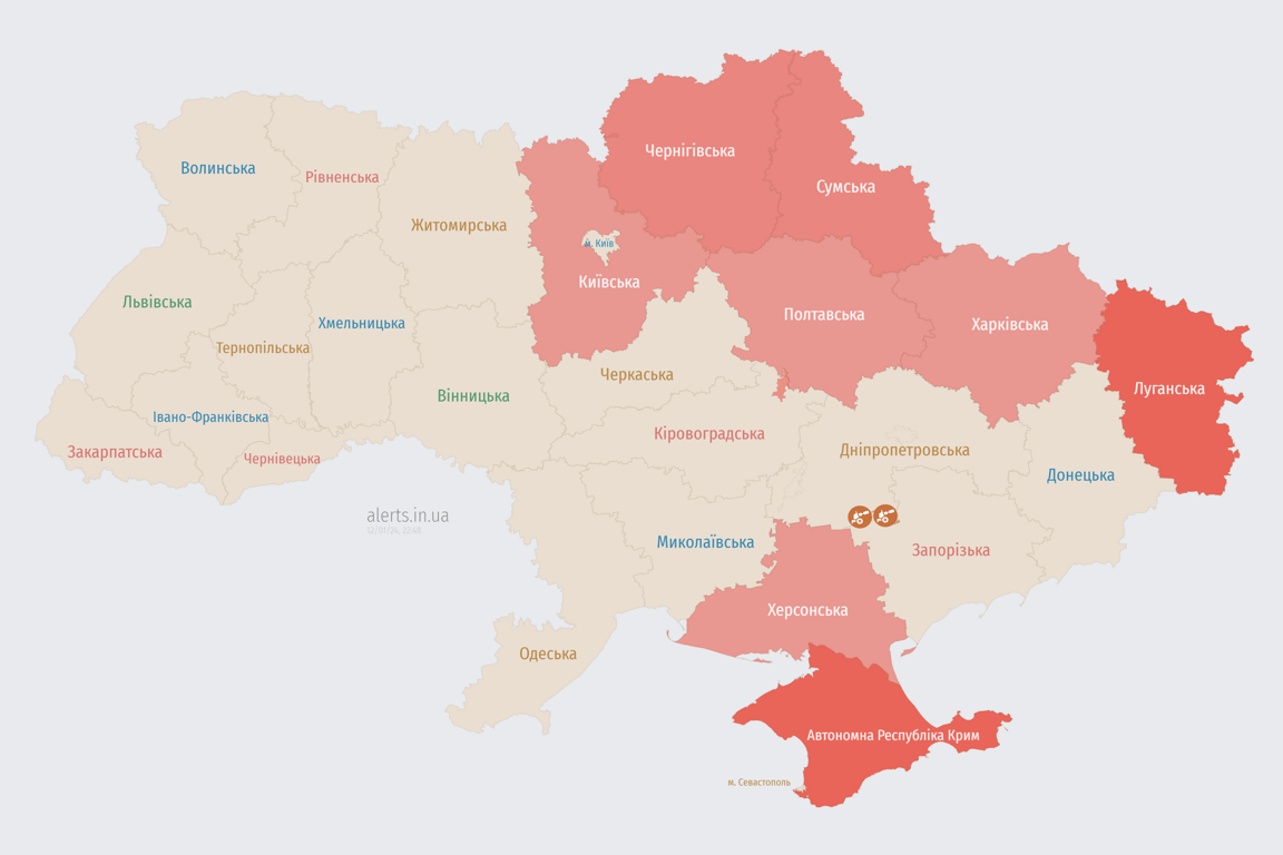 Карта воздушных тревог в Украине сегодня, 12 января