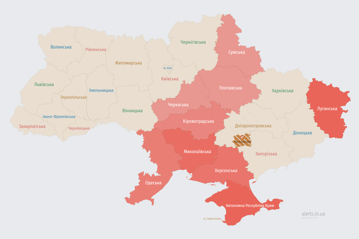 Мапа повітряних тривог в Україні сьогодні, 28 вересня