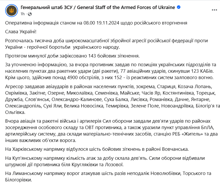 ситуація на фронті 19 листопада