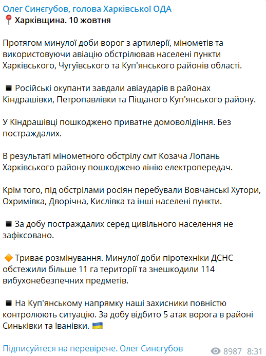 Информация об обстрелах Харьковщины в течение суток 9 октября. Фото: t.me/synegubov