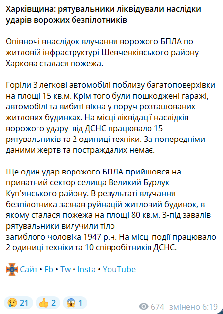 Скриншот сообщения по телеграмм-каналу "ГСЧС Украины"