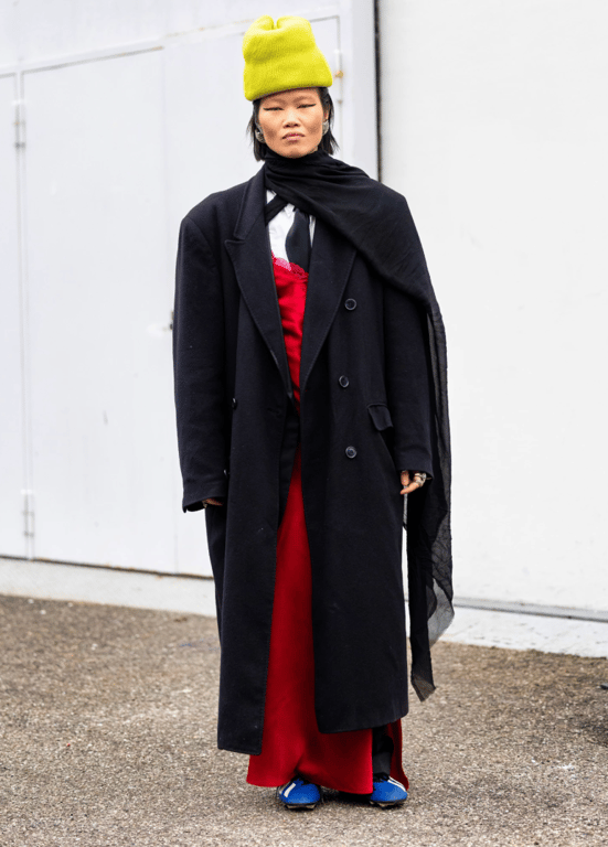 Blue sneakers can complement even the most vibrant outfit.