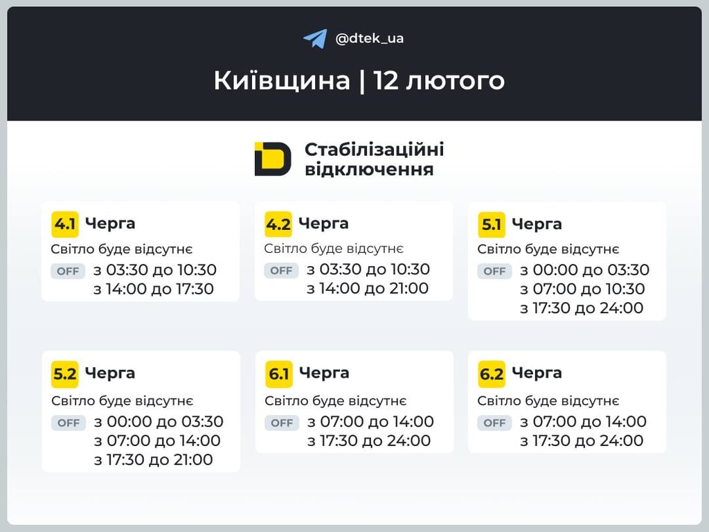 Відключення світла на Київщині 12 лютого