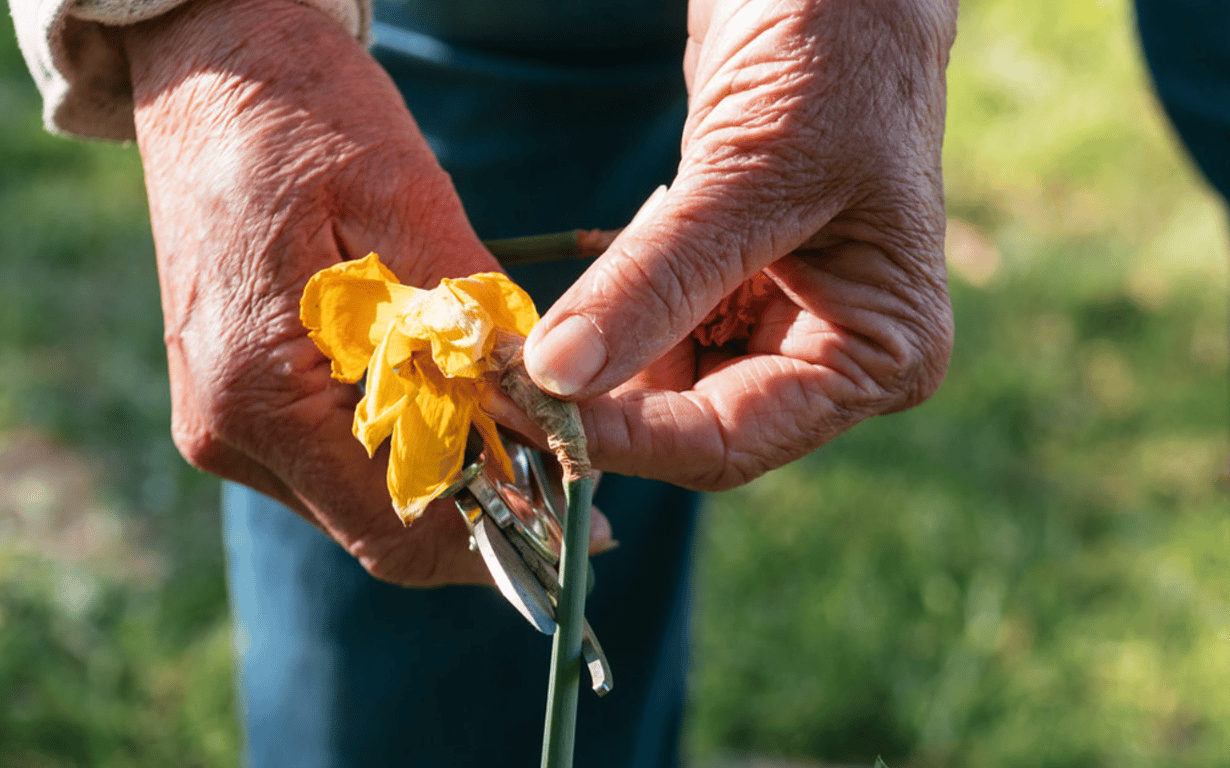 Мужчина, обрезающий нарциссы после цветения
